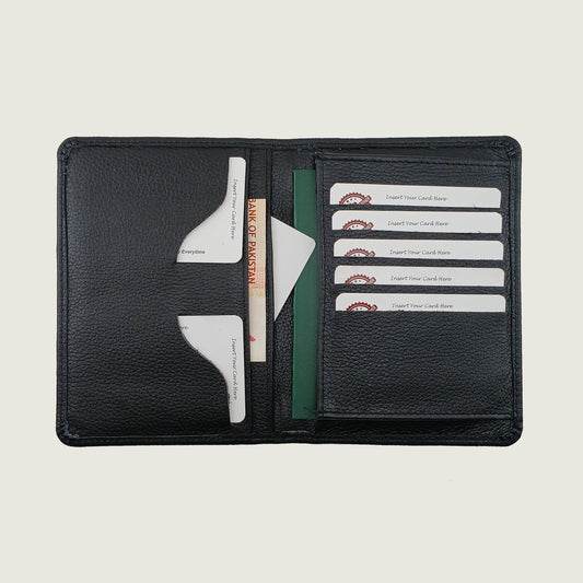 A black textured leather wallet shown open against a light beige background, displaying multiple card slots, ID pockets, and a passport.
