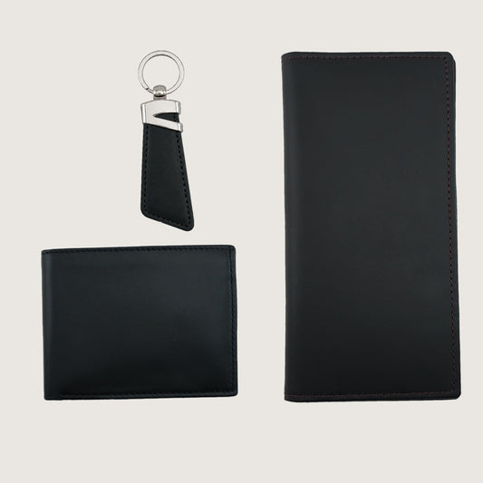 Three-piece black leather wallet set including a bifold wallet, a long mobile wallet, and a keychain with a silver metal ring, displayed on a light beige background.
