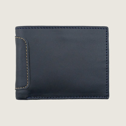 A dark navy blue leather bifold wallet with light beige contrast stitching, shown closed against a solid light beige background.