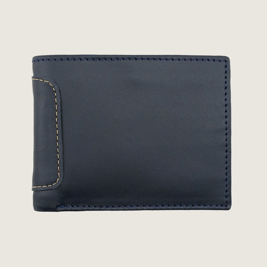 A dark navy blue leather bifold wallet with light beige contrast stitching, shown closed against a solid light beige background.