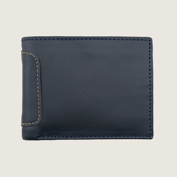 A dark navy blue leather bifold wallet with light beige contrast stitching, shown closed against a solid light beige background.