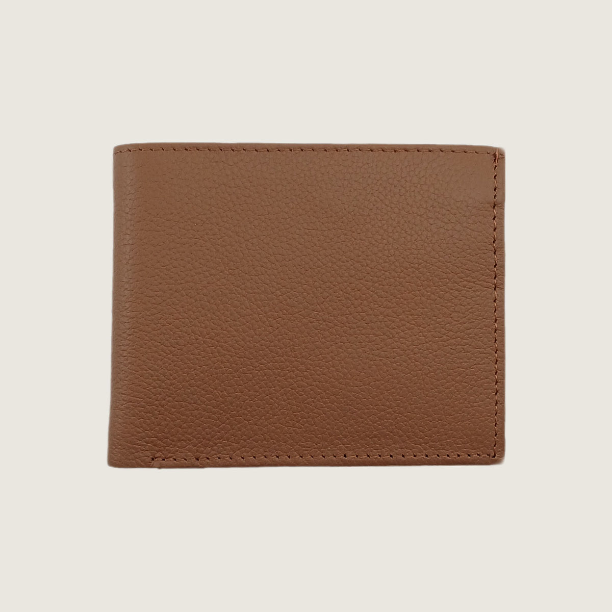 A brown pebbled leather bifold wallet shown closed against a light beige background.