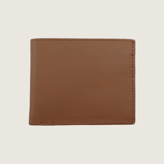 A brown pebbled leather bifold wallet shown closed against a light beige background.