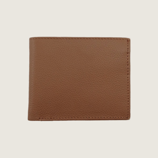 A brown pebbled leather bifold wallet shown closed against a light beige background.