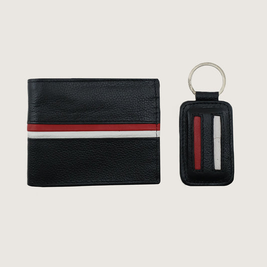 Black textured leather wallet and matching keychain set with a red and white stripe detail, shown on a light gray background.