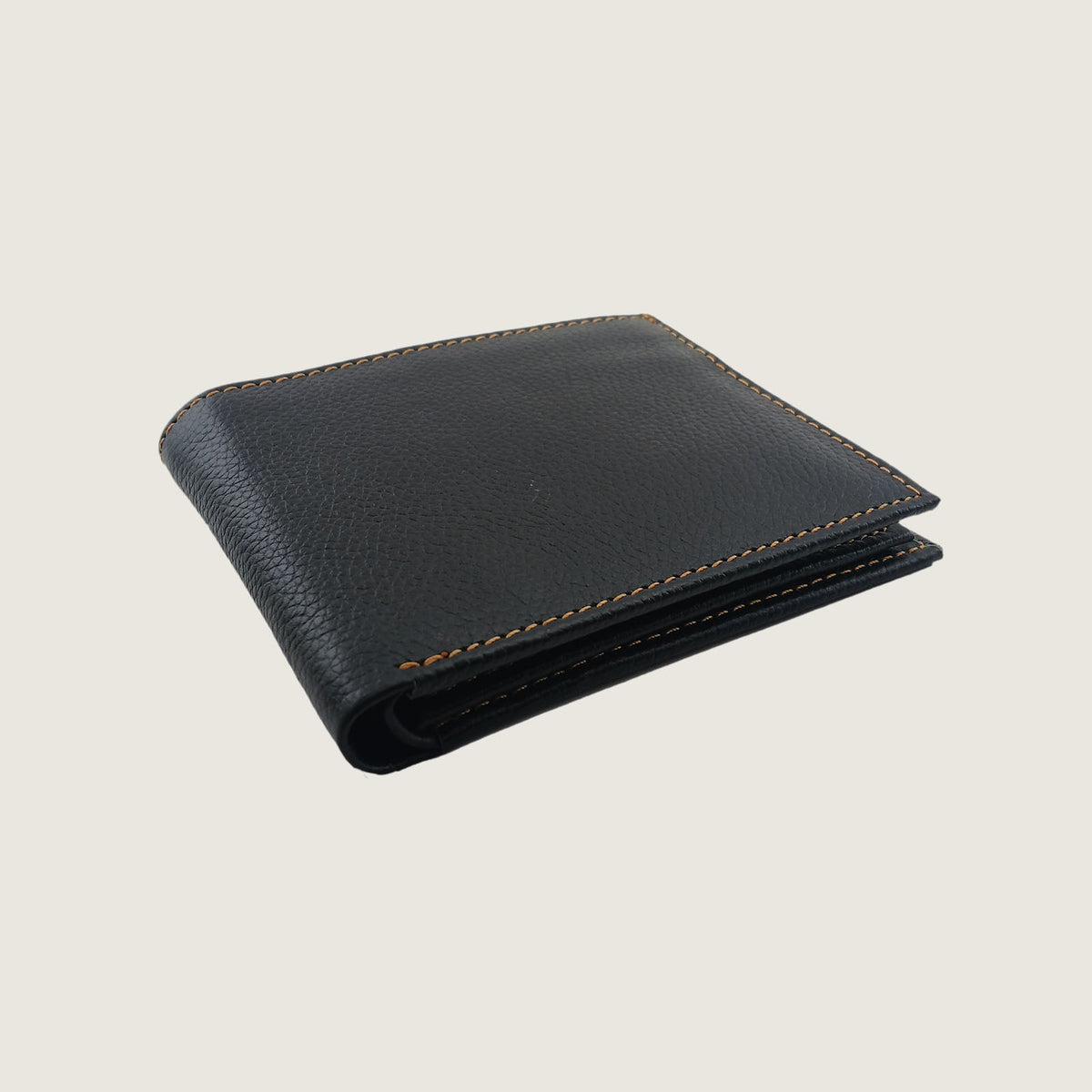 A black textured leather bifold wallet with light brown contrast stitching, shown on a plain light beige background.