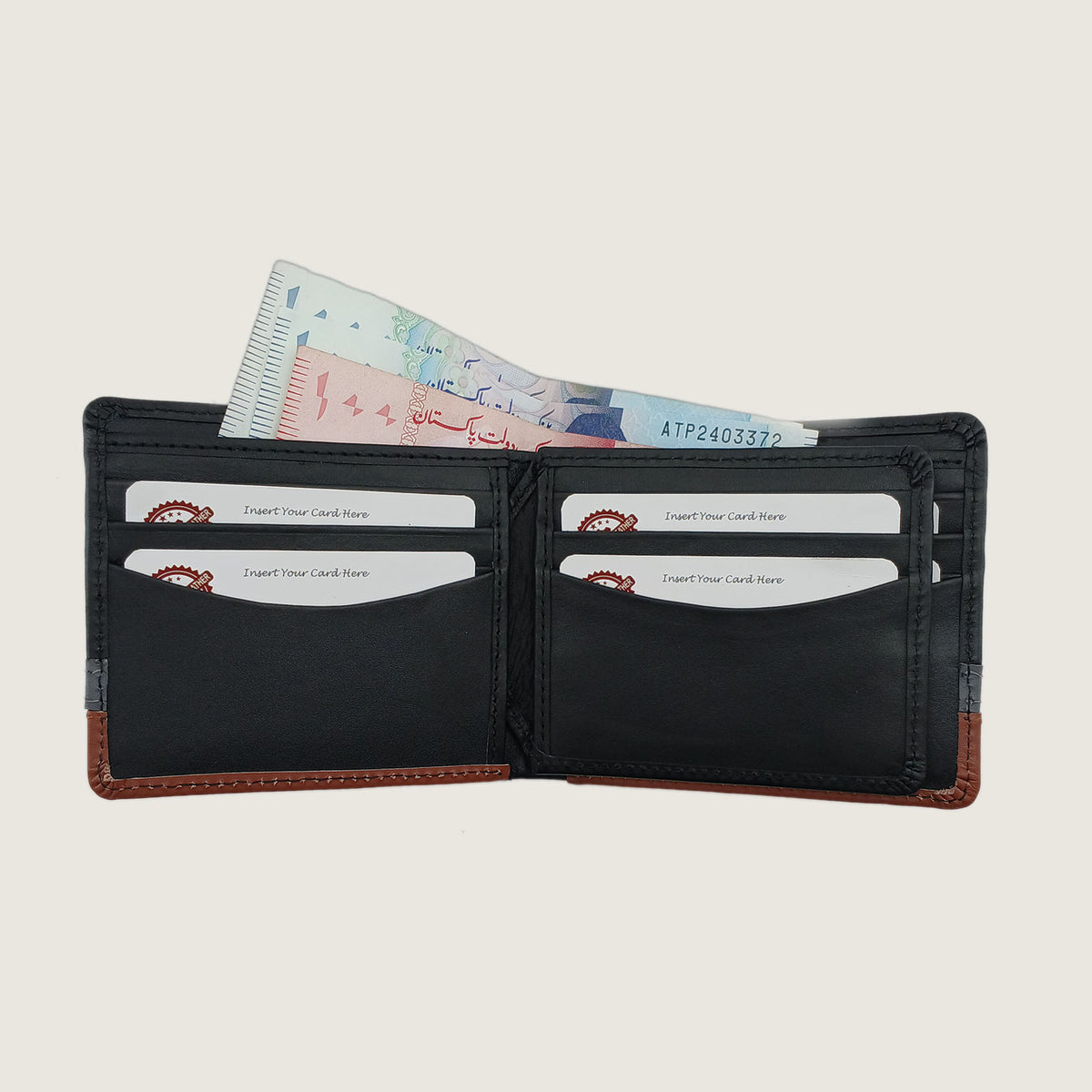 A black leather bi-fold wallet shown open, displaying multiple card slots filled with sample credit cards and a banknote. The wallet features brown leather trim on the edges and a clean, light beige background.