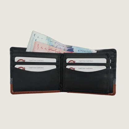 A black leather bi-fold wallet shown open, displaying multiple card slots filled with sample credit cards and a banknote. The wallet features brown leather trim on the edges and a clean, light beige background.