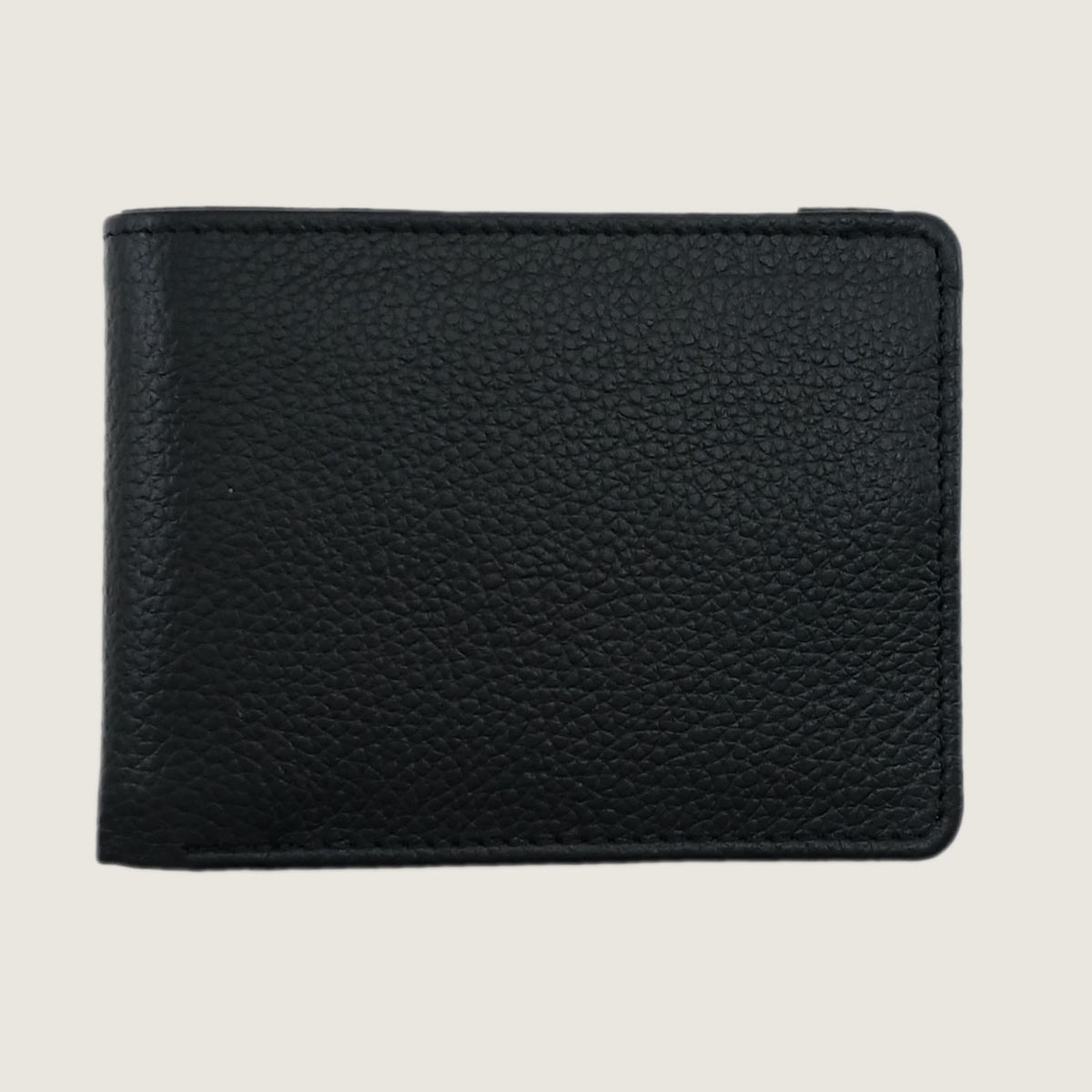 A black pebbled leather bifold wallet shown closed against a light beige background.