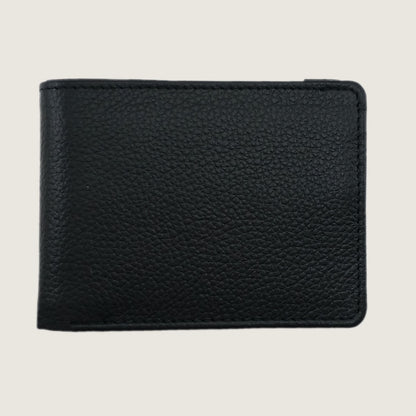 A black pebbled leather bifold wallet shown closed against a light beige background.