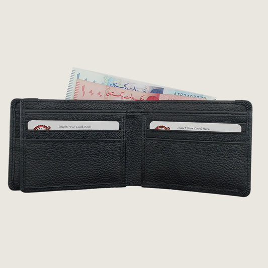 A black pebbled leather bifold wallet shown open, with two card slots containing sample credit cards and banknotes visible above, on a light beige background.