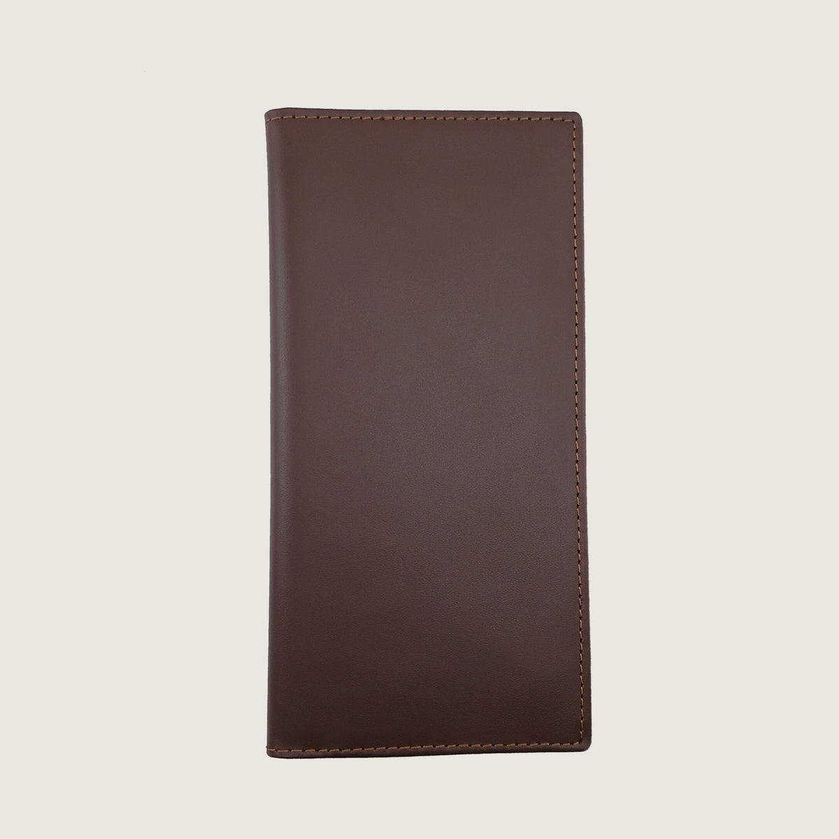 A dark brown leather Mobile Wallet cover with visible stitching on a light beige background.