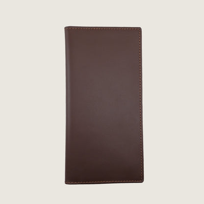 A dark brown leather Mobile Wallet cover with visible stitching on a light beige background.