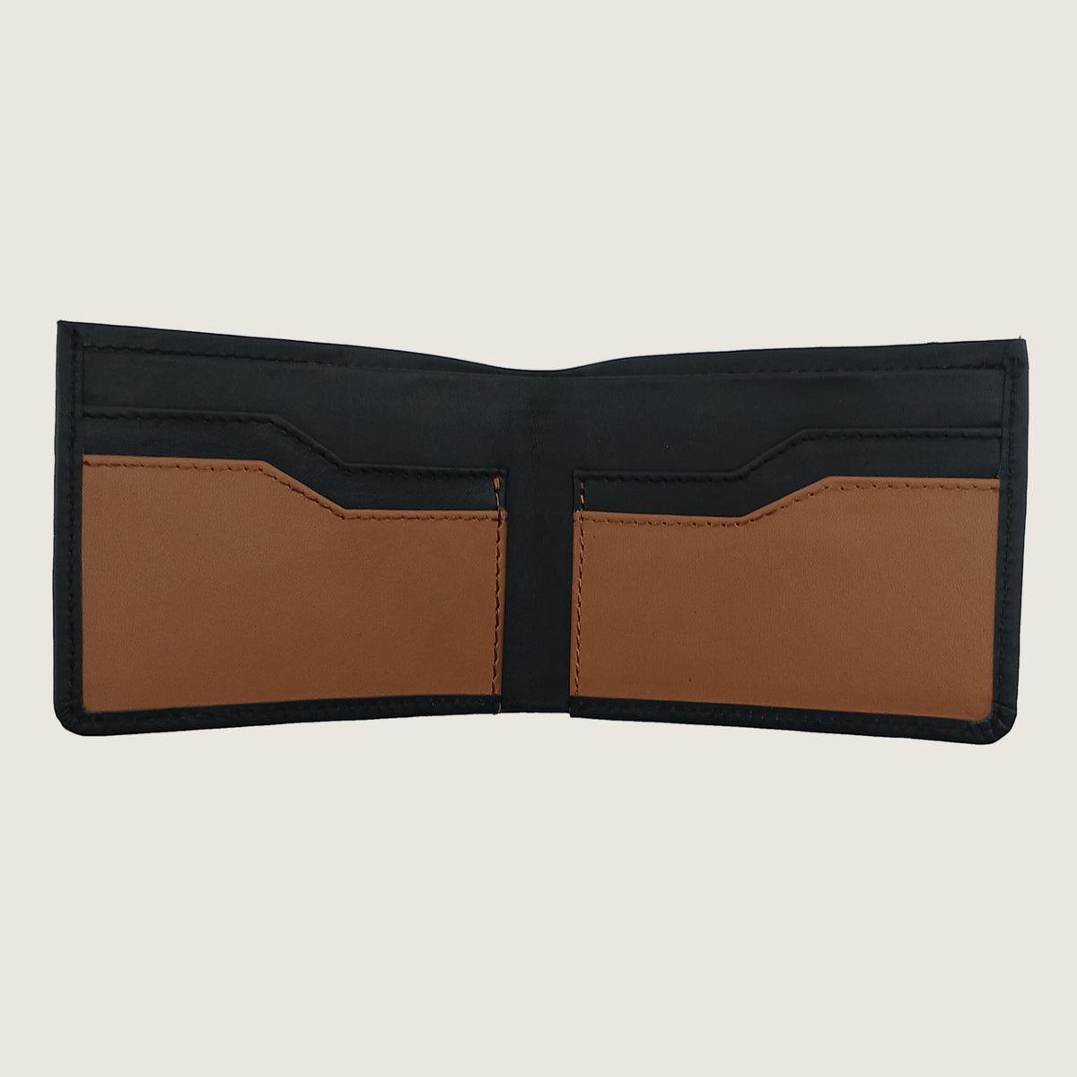 An open bifold wallet with a black exterior and tan interior card slots, shown against a light gray background.