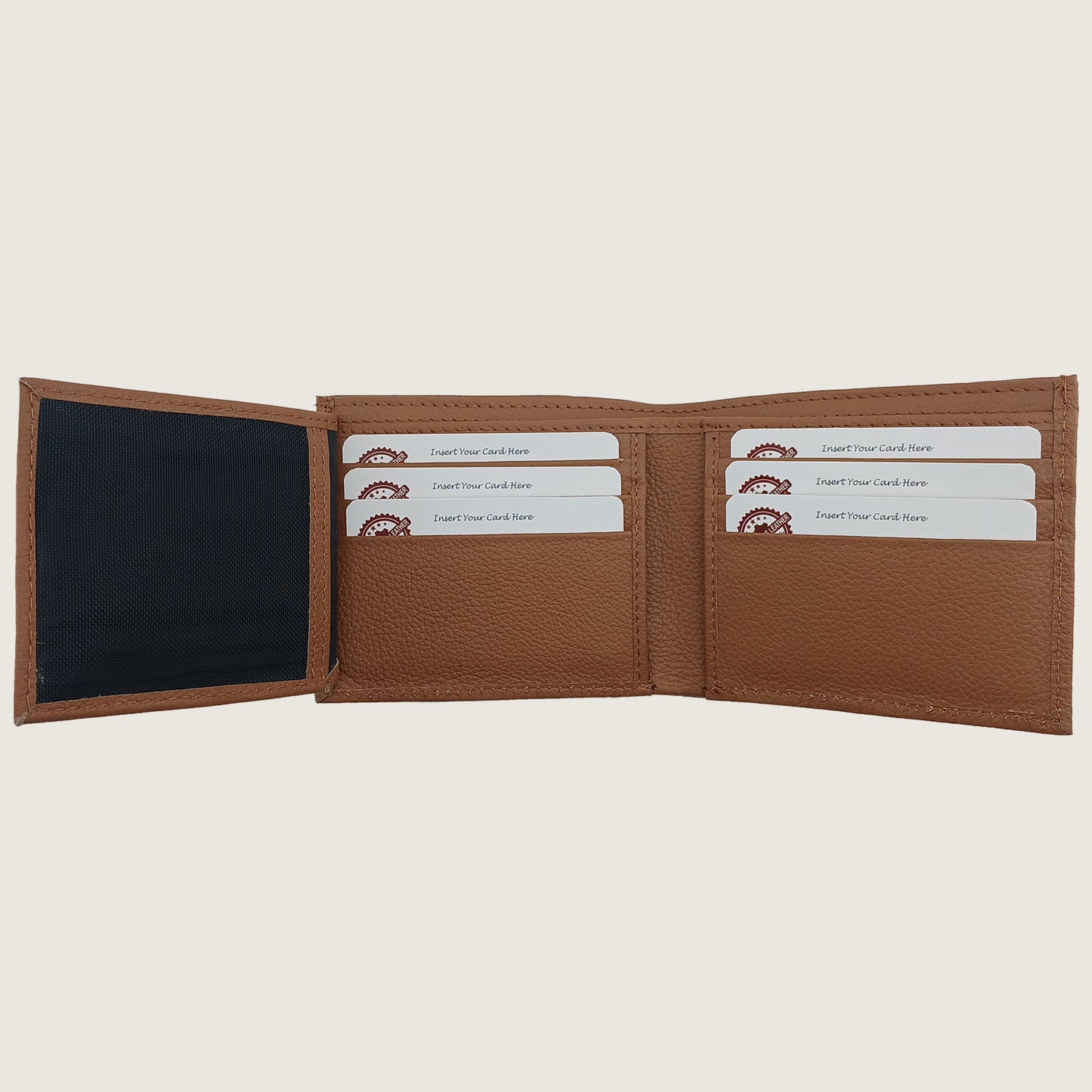 An open brown leather bi-fold wallet with card slots, a cash compartment, and a black interior lining, shown against a light beige background.