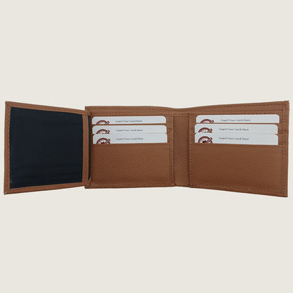 An open brown leather bi-fold wallet with card slots, a cash compartment, and a black interior lining, shown against a light beige background.