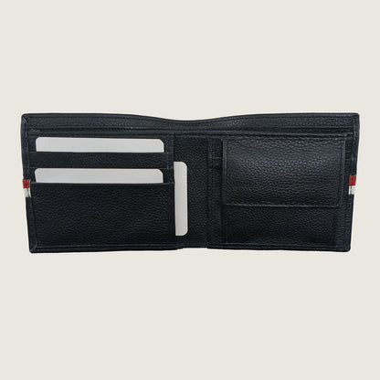 A black textured leather bifold wallet shown open against a light beige background, featuring card slots, a central slip pocket, and small red and white striped accents on the sides.
