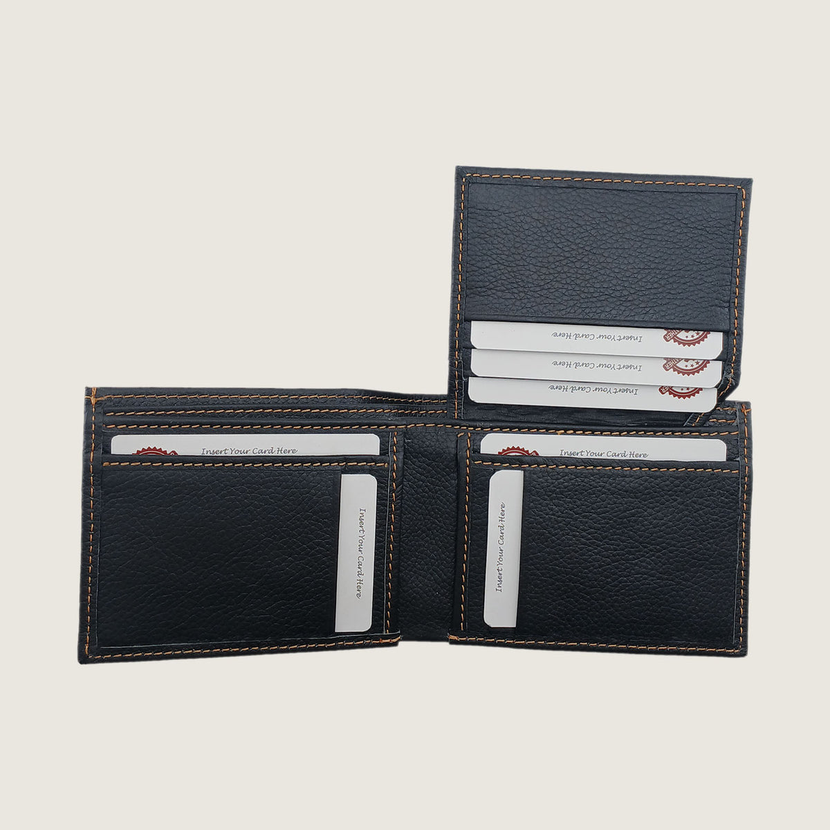 A black textured leather bi-fold wallet shown open, with card slots and contrast stitching visible, photographed on a light beige background.