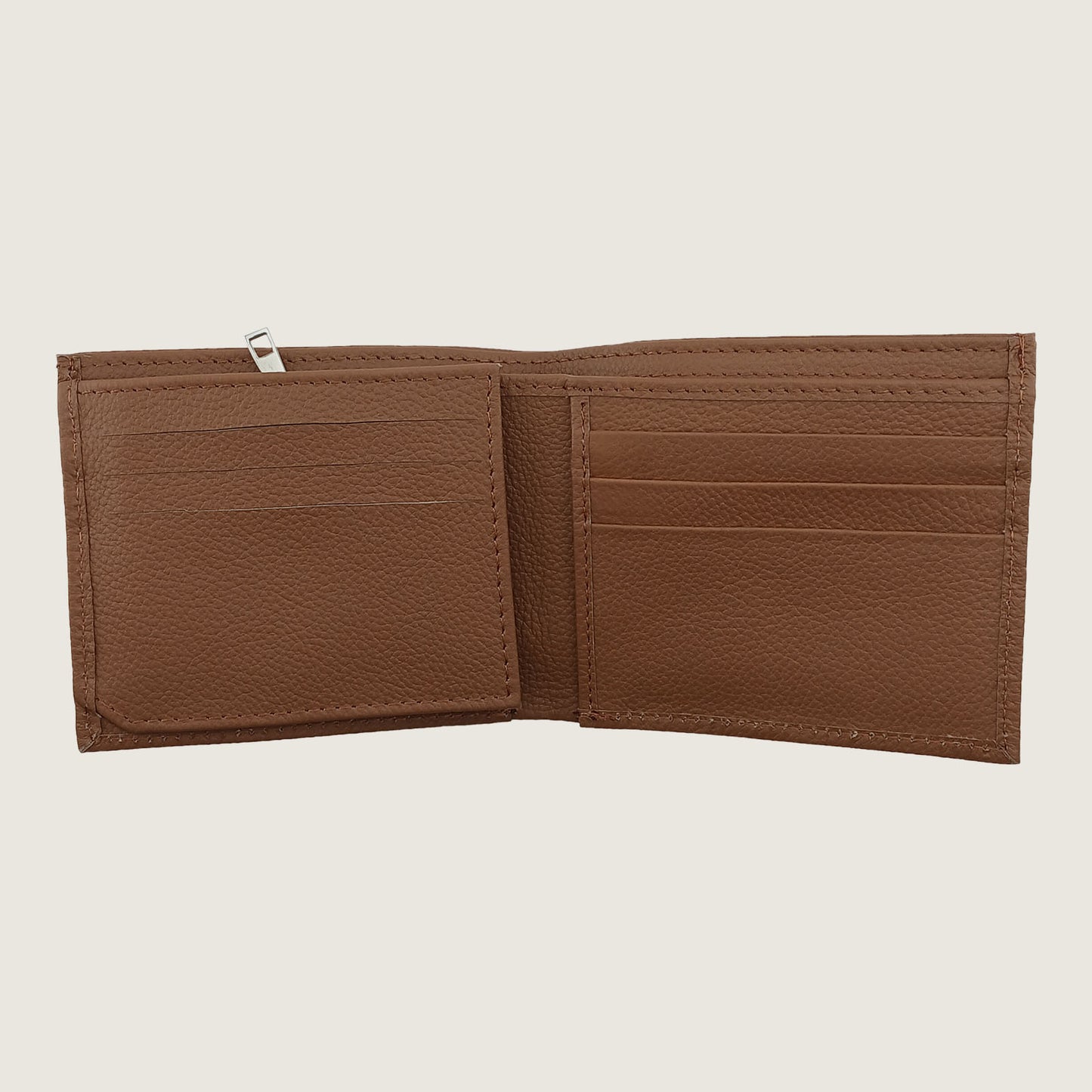 A brown textured leather bi-fold wallet shown open, displaying its interior card slots and zippered compartment, set against a solid light beige background.