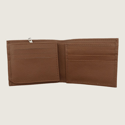 A brown textured leather bi-fold wallet shown open, displaying its interior card slots and zippered compartment, set against a solid light beige background.