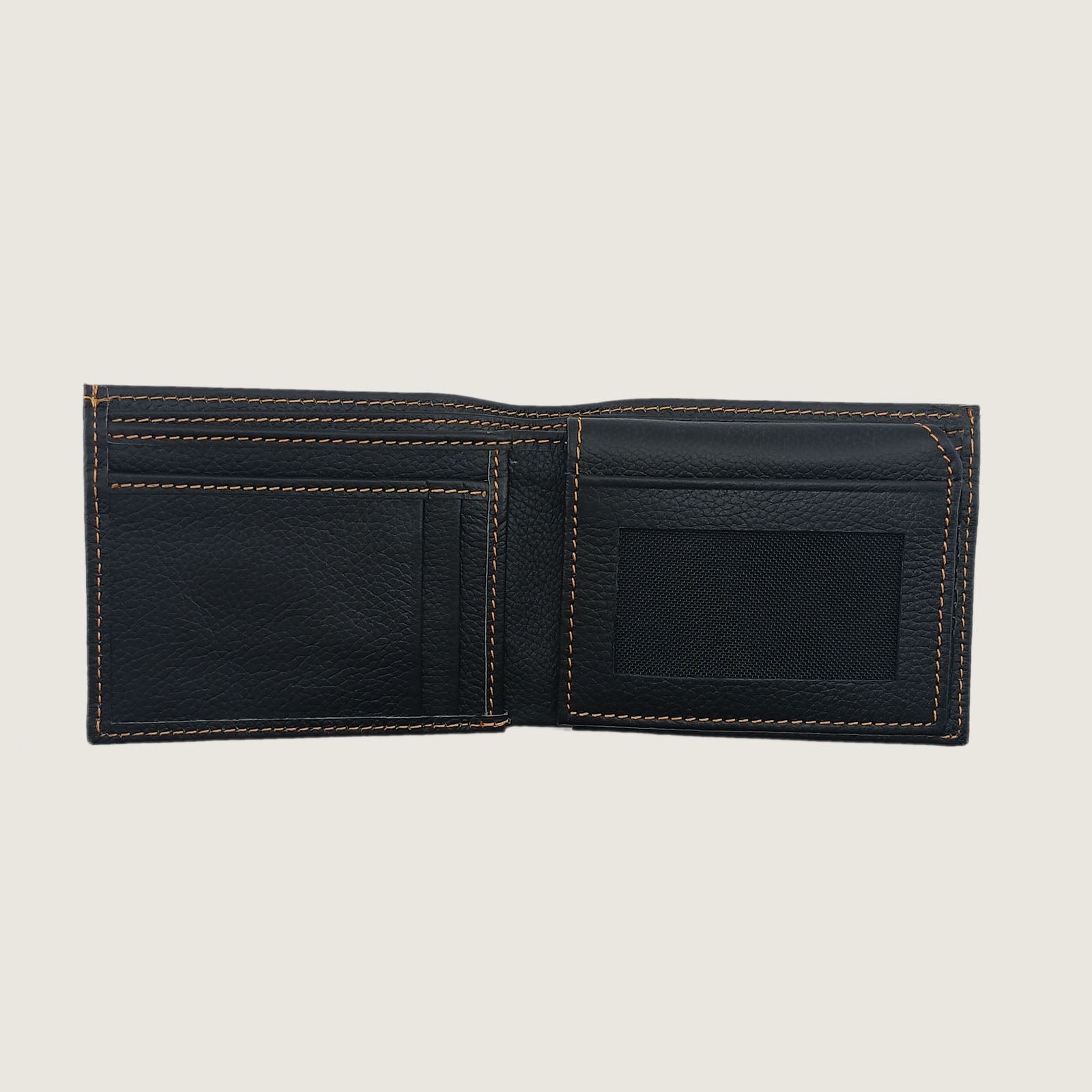 An open black leather bifold wallet with tan contrast stitching, showing card slots and an ID window, set against a light beige background.