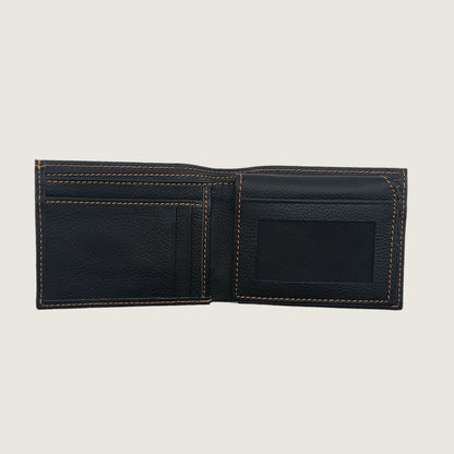 An open black leather bifold wallet with tan contrast stitching, showing card slots and an ID window, set against a light beige background.
