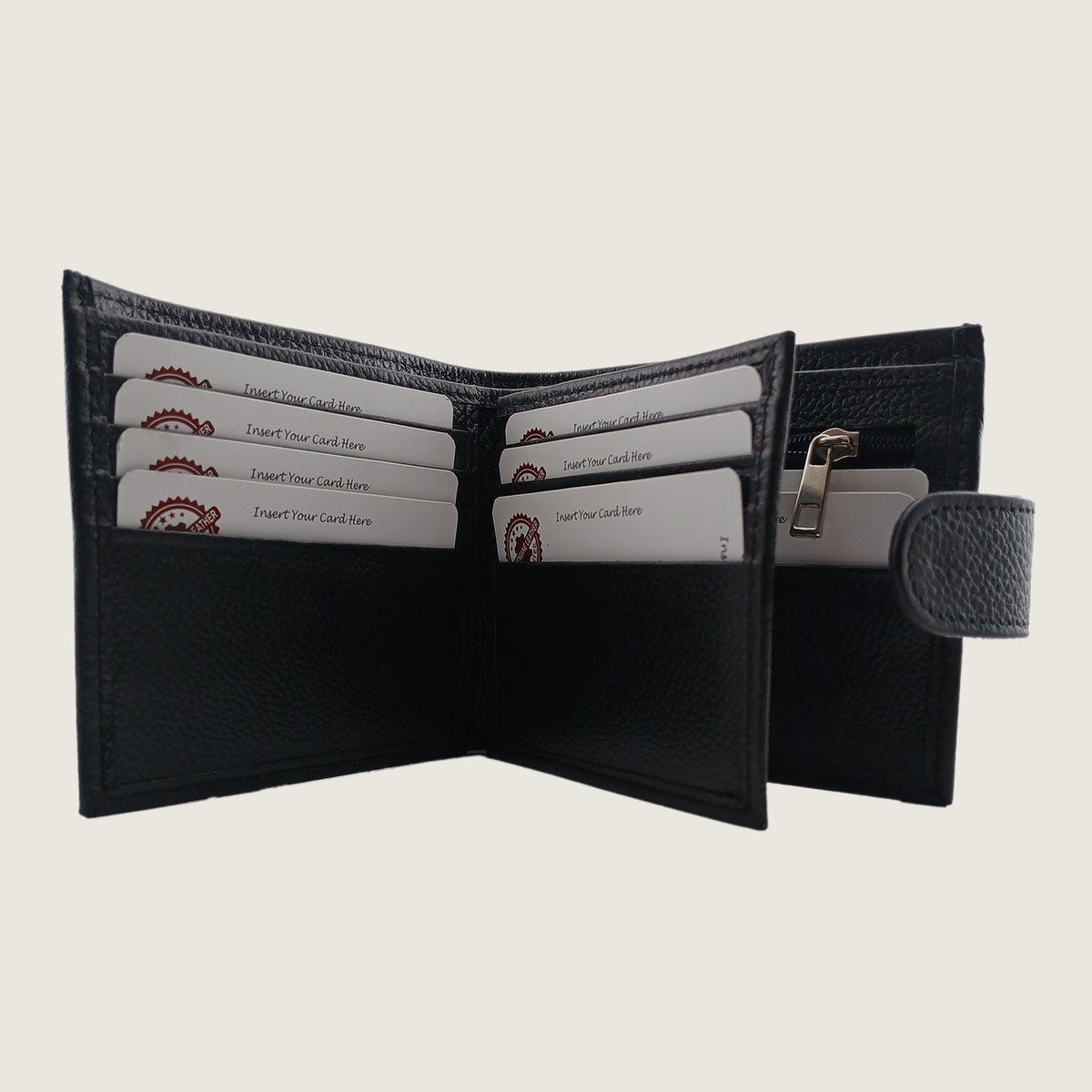 An open black leather bi-fold wallet with multiple card slots, a zippered coin compartment, and a small side tab, shown on a light beige background.