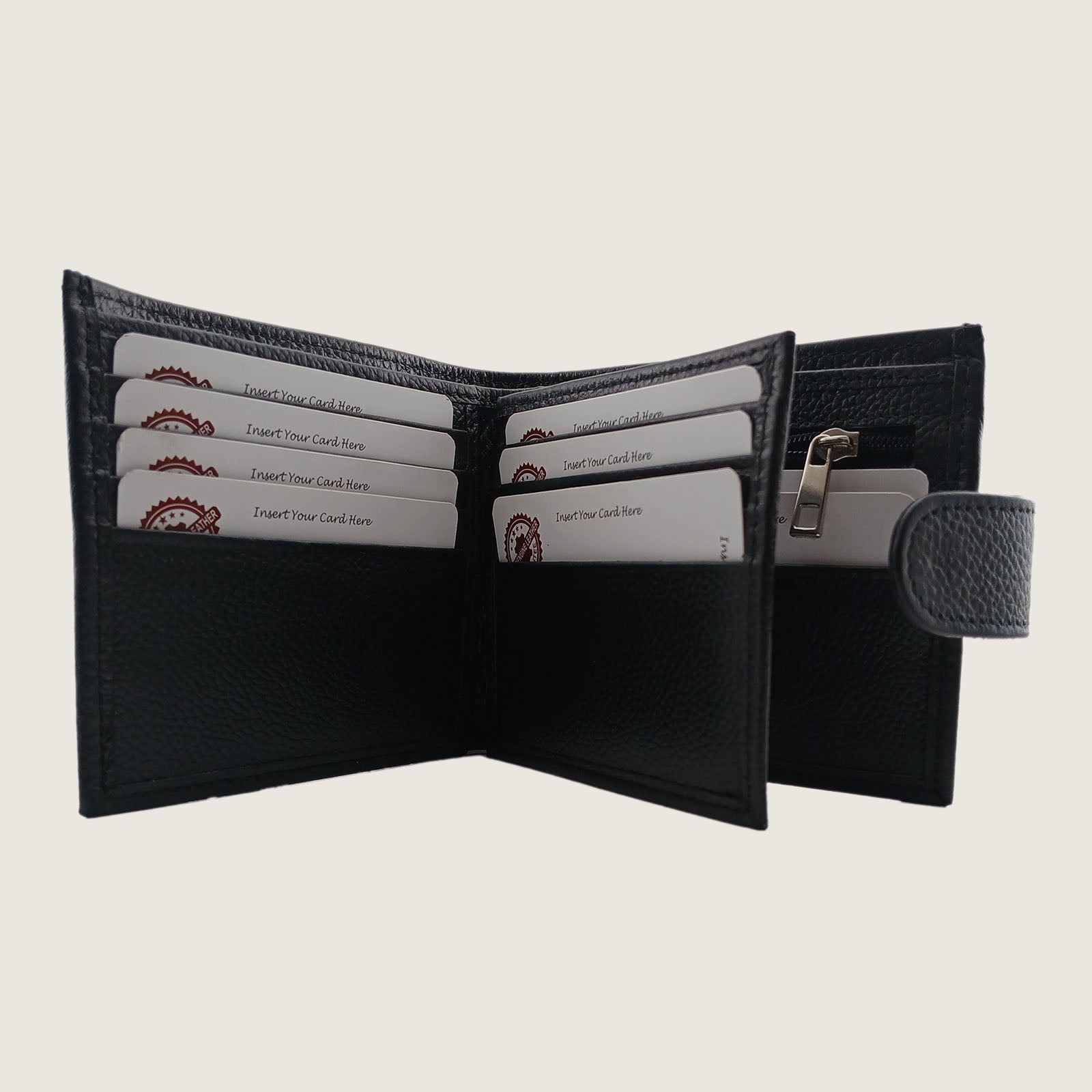 An open black leather bi-fold wallet with multiple card slots, a zippered coin compartment, and a small side tab, shown on a light beige background.