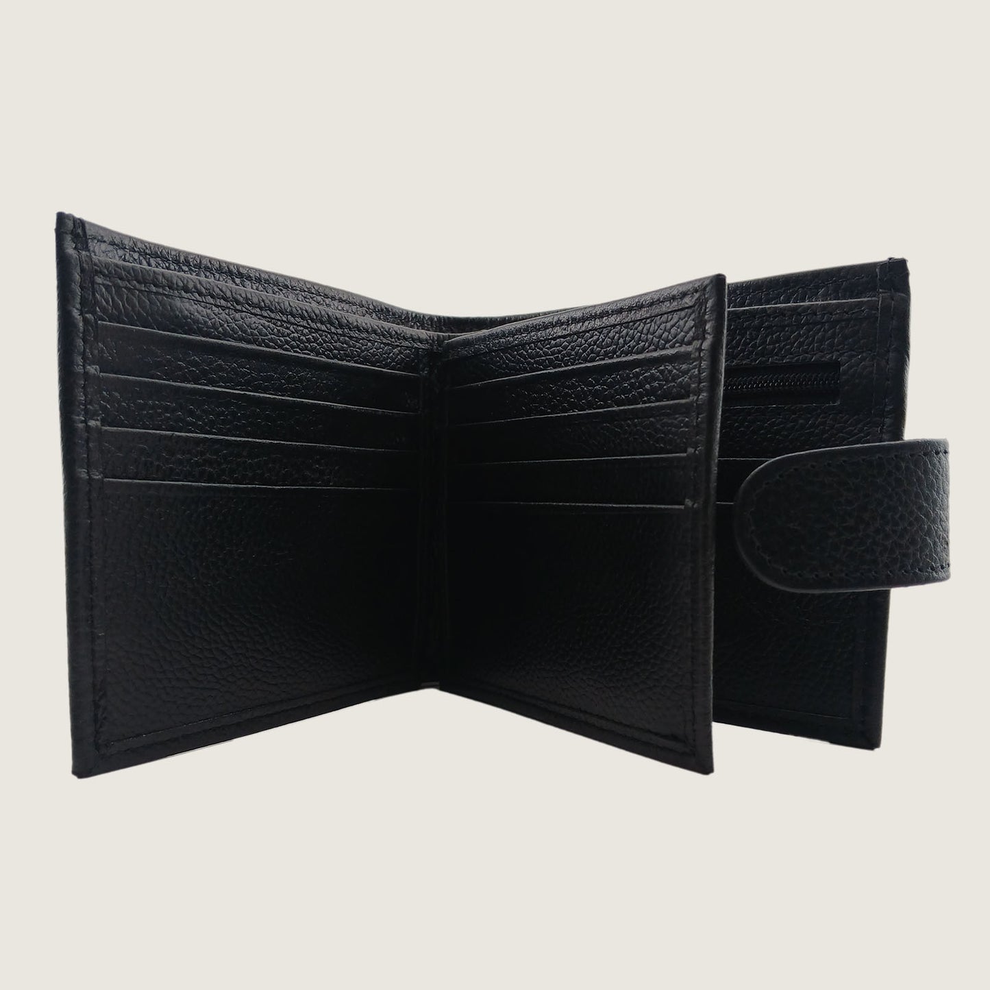 An open black textured leather bifold wallet with multiple card slots and an interior zip compartment, shown against a light beige background.