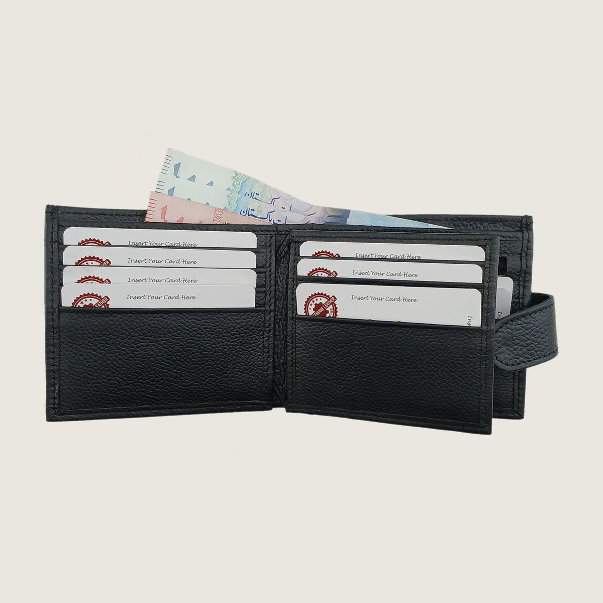 A black textured leather bi-fold wallet shown open, displaying multiple card slots filled with sample credit cards and cash, set against a solid light beige background.