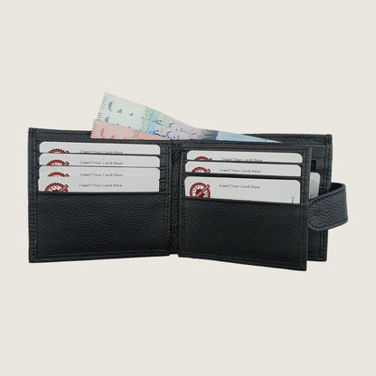 A black textured leather bi-fold wallet shown open, displaying multiple card slots filled with sample credit cards and cash, set against a solid light beige background.