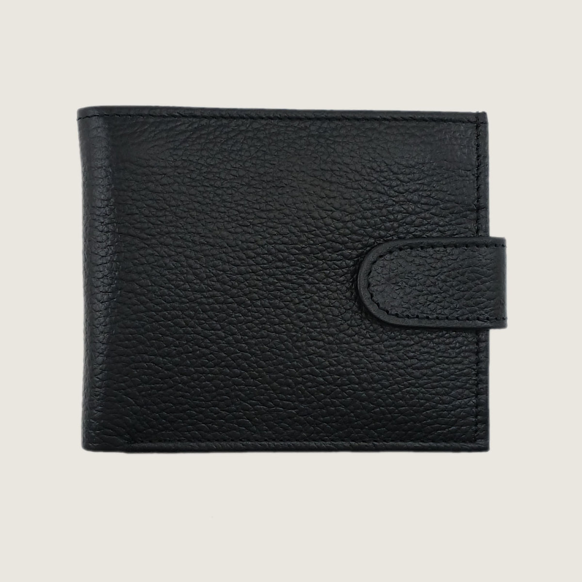 A black pebbled leather bifold wallet with a snap-tab closure, shown flat against a light beige background.