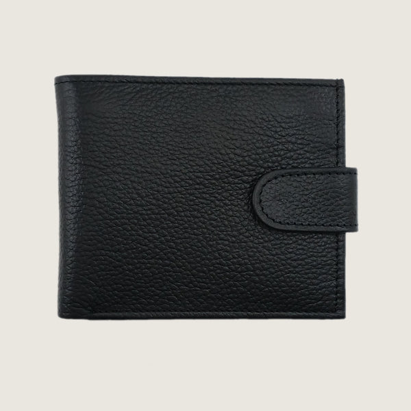 A black pebbled leather bifold wallet with a snap-tab closure, shown flat against a light beige background.