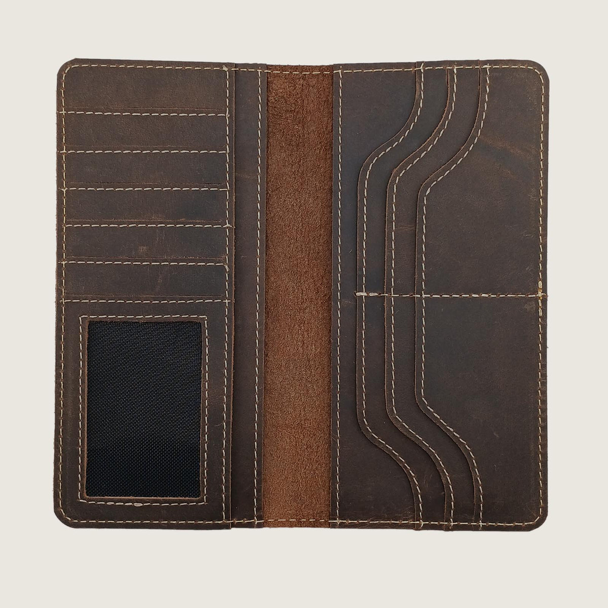 A dark brown leather wallet shown open, featuring multiple card slots, a central vertical pocket, curved stitching details, and a black textured ID window on the left side, set against a light beige background.