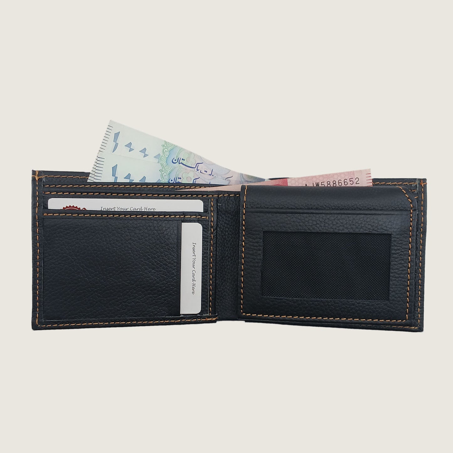 A dark brown textured leather bifold wallet shown open, displaying card slots, a nameplate pocket, and cash inside, set against a solid light beige background.