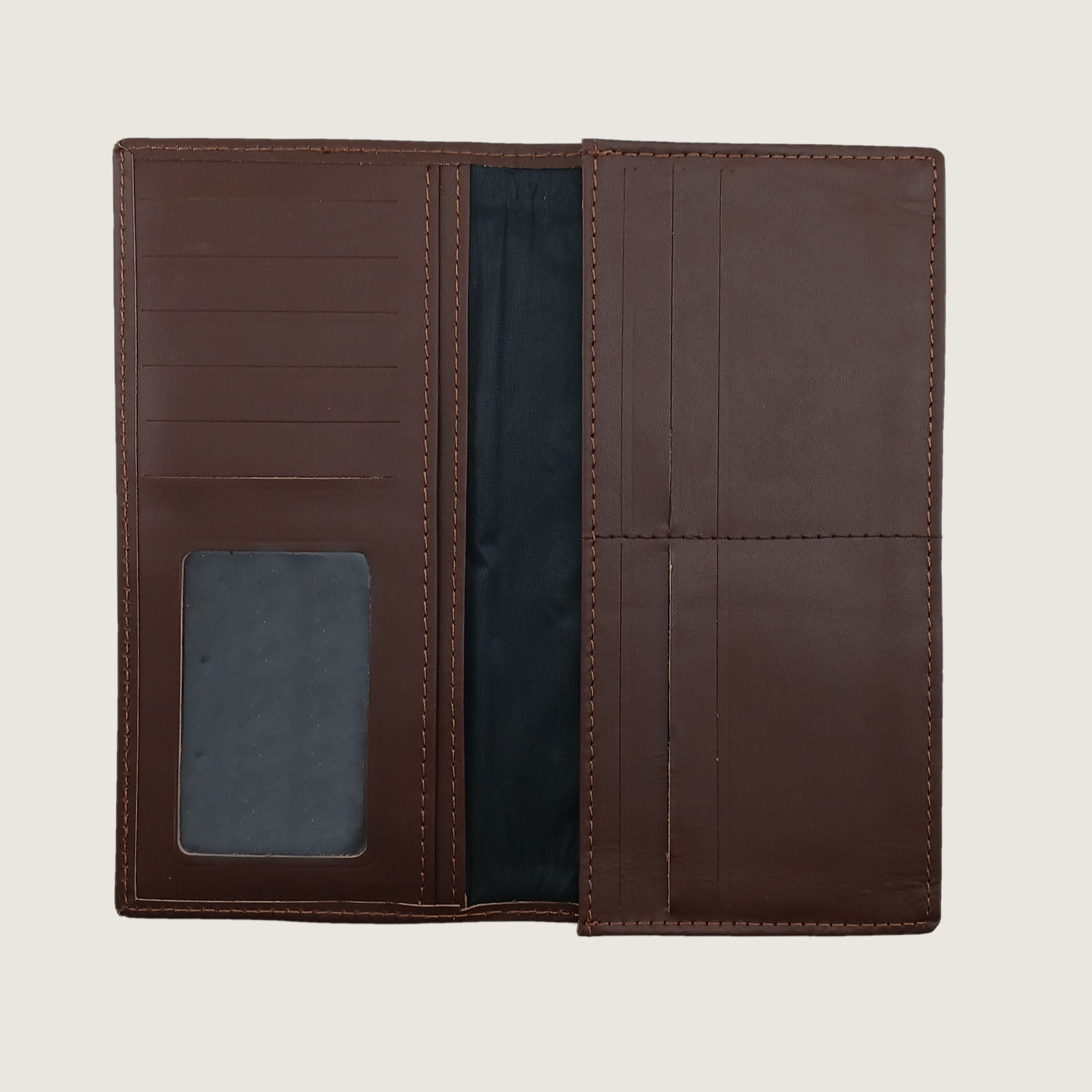 A dark brown leather wallet shown open, displaying its interior layout with card slots, a clear ID window, and a black fabric lining, set against a solid light beige background.