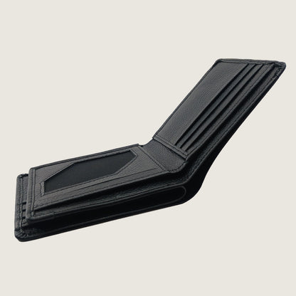 A black leather bifold wallet shown open against a light beige background, displaying its interior card slots and bill compartment.