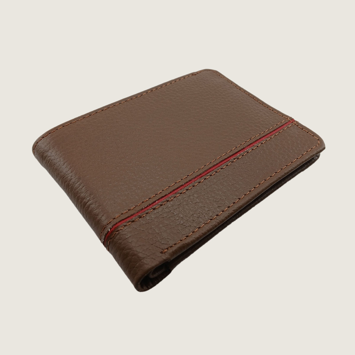 A brown textured leather bifold wallet for men with a thin red horizontal stripe across the center