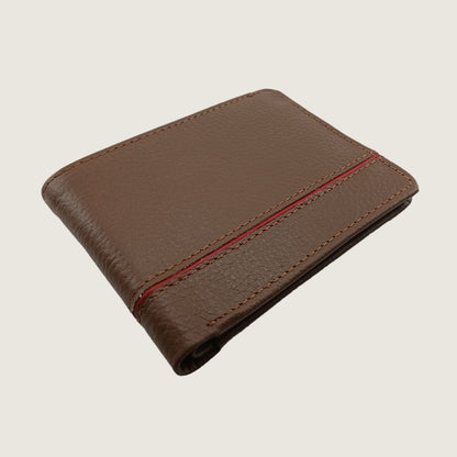 A brown textured leather bifold wallet for men with a thin red horizontal stripe across the center