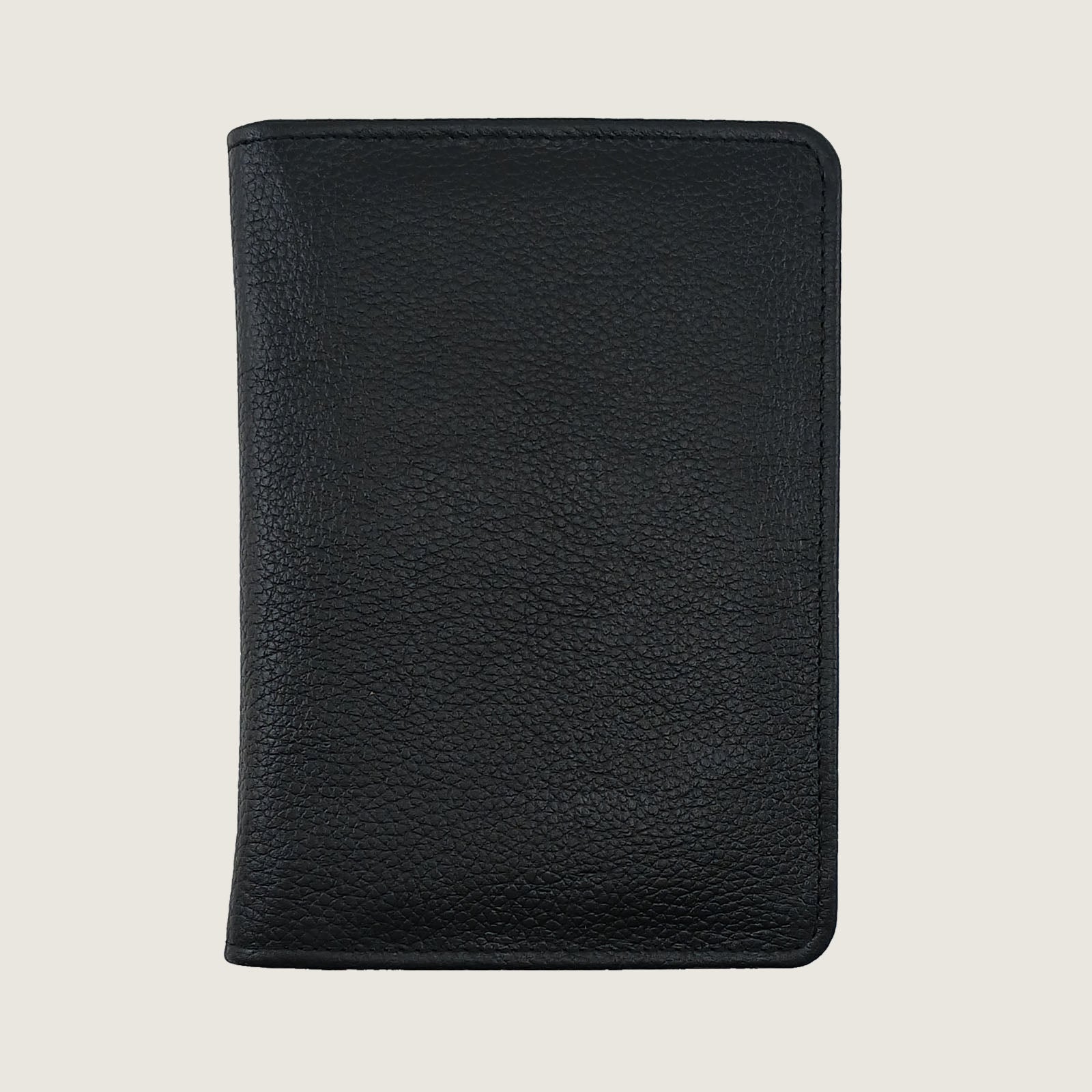 A black pebbled leather passport cover or document holder, shown closed from the front against a light beige background.