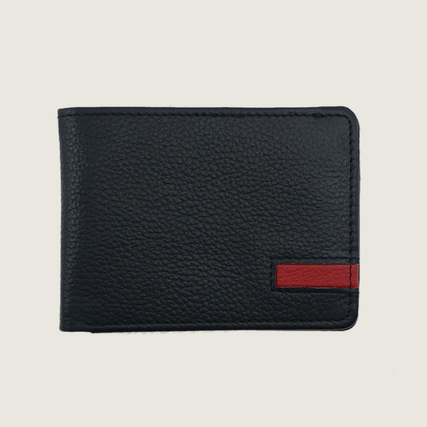 A black pebbled leather bifold wallet with a small red accent tab on the lower right, shown against a light beige background.