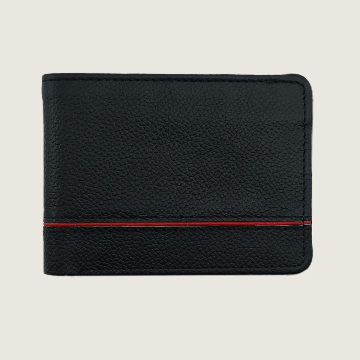 A black textured leather bifold wallet with a thin red horizontal stripe across the lower middle, shown against a light beige background.