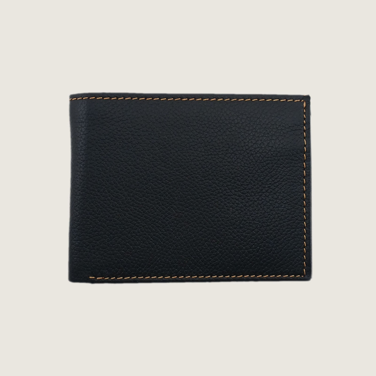 A black pebbled leather bifold wallet with contrasting light brown stitching, shown flat against a light beige background.