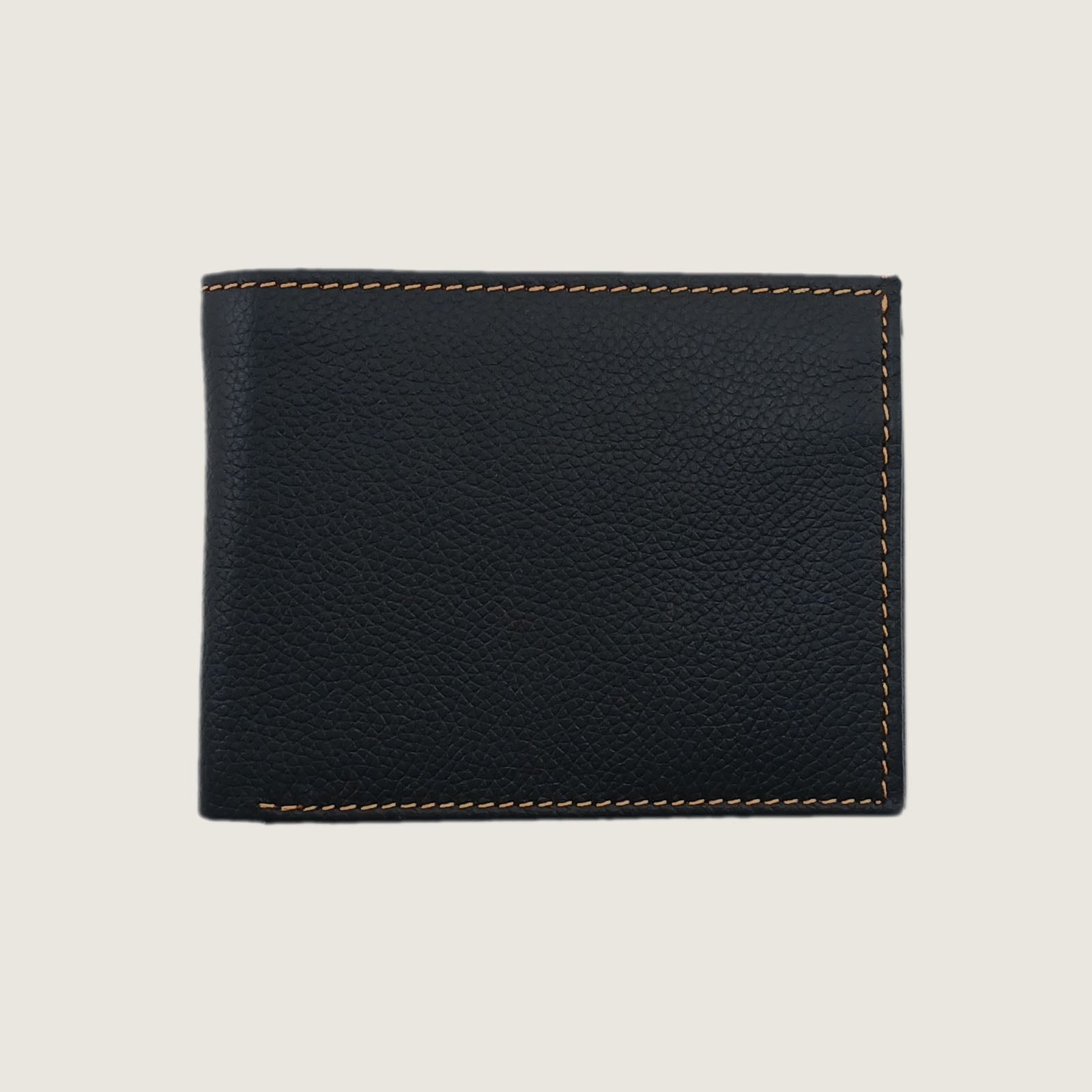 A black pebbled leather bifold wallet with contrasting light brown stitching, shown flat against a light beige background.