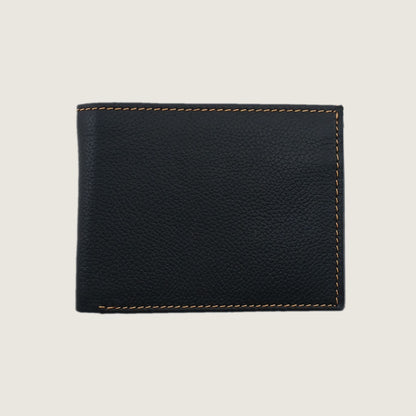 A black pebbled leather bifold wallet with contrasting light brown stitching, shown flat against a light beige background.