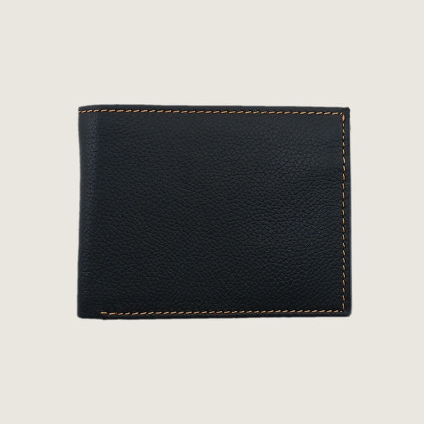 A black pebbled leather bifold wallet with contrasting light brown stitching, shown flat against a light beige background.