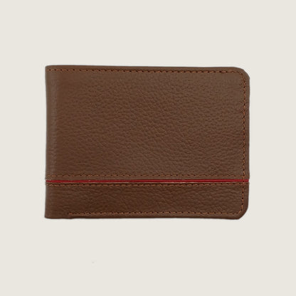 A brown textured leather bifold wallet for men with a thin red horizontal stripe across the center
