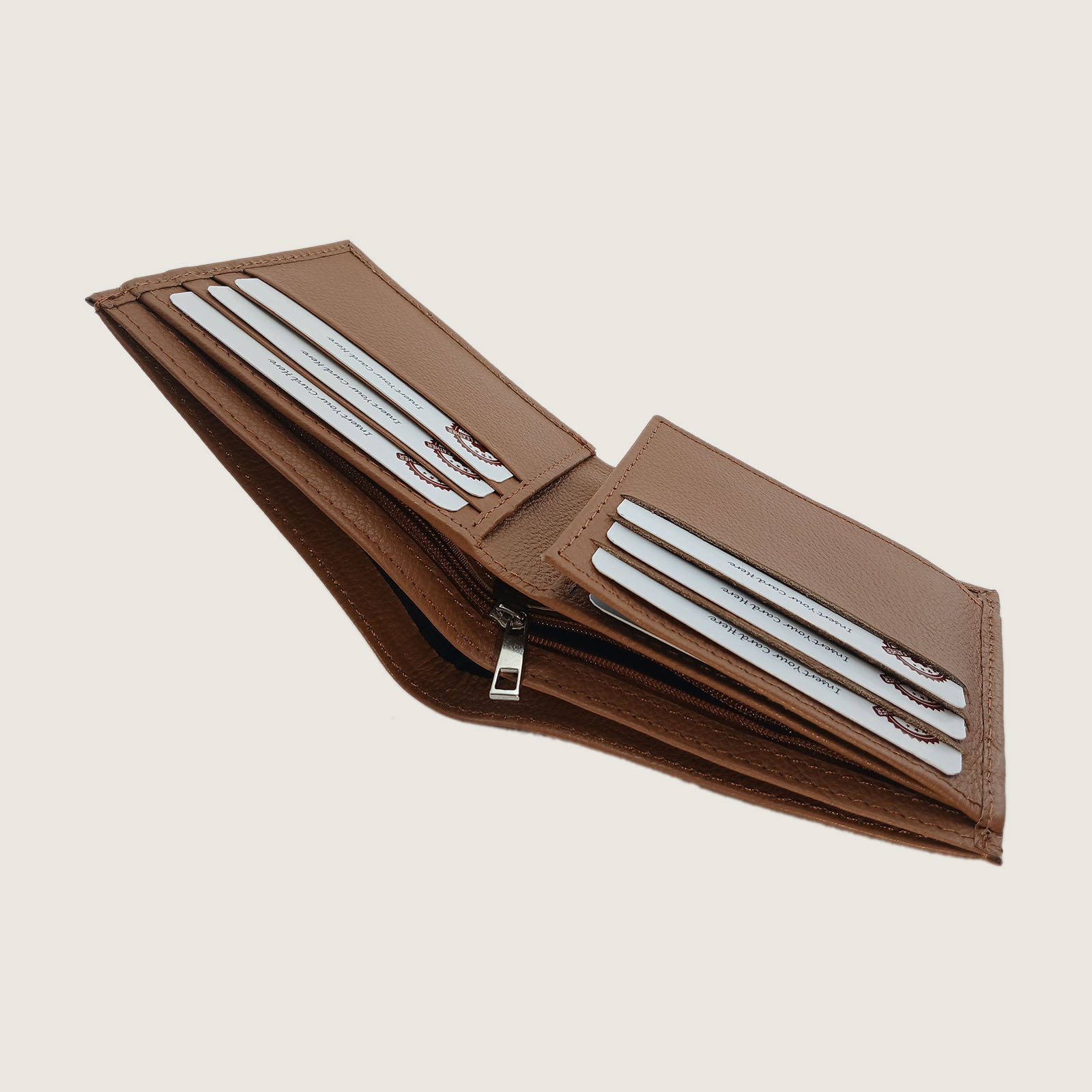 A brown leather bi-fold wallet shown open, displaying multiple card slots with white cards inserted, set against a solid light beige background.