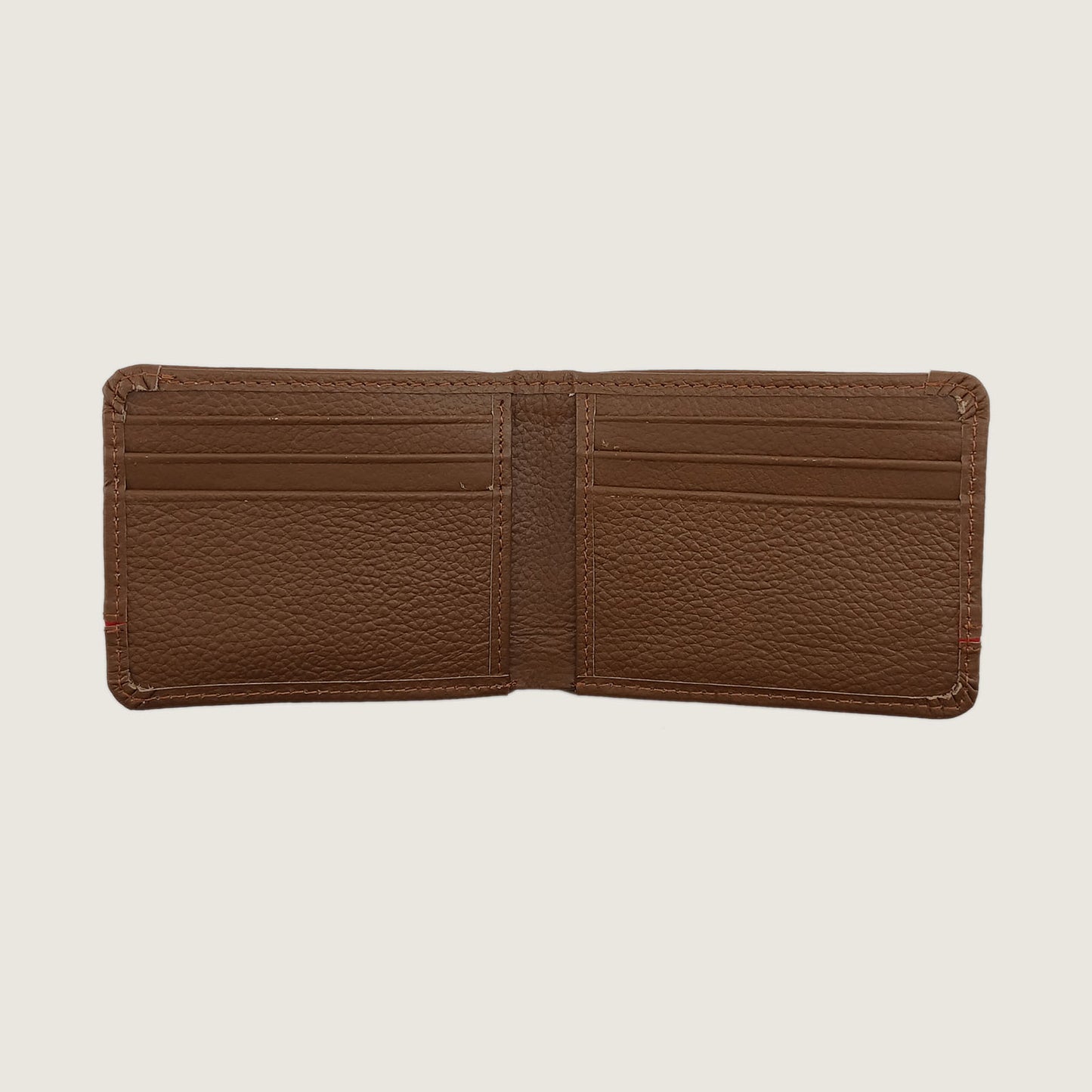 A brown textured leather bifold wallet for men with a thin red horizontal stripe across the center