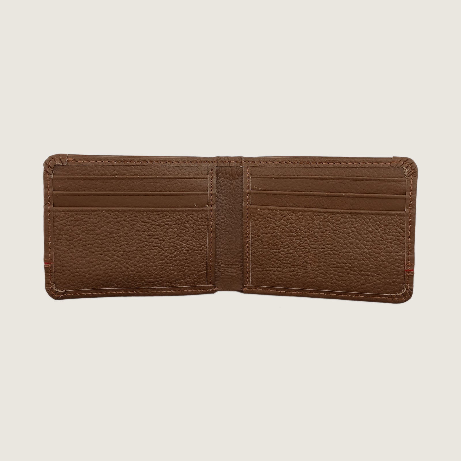 A brown textured leather bifold wallet for men with a thin red horizontal stripe across the center